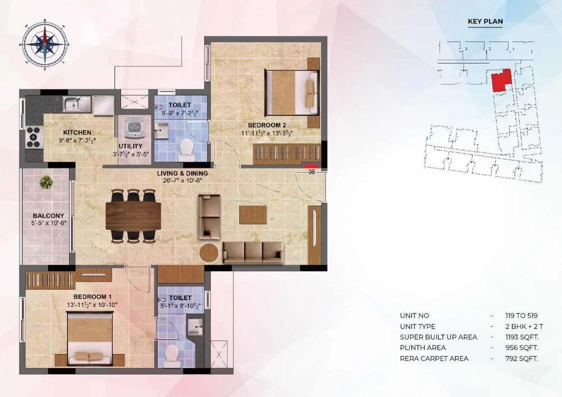 Radiance Sapphire 2 BHK floor plan, about 1,193 sq ft