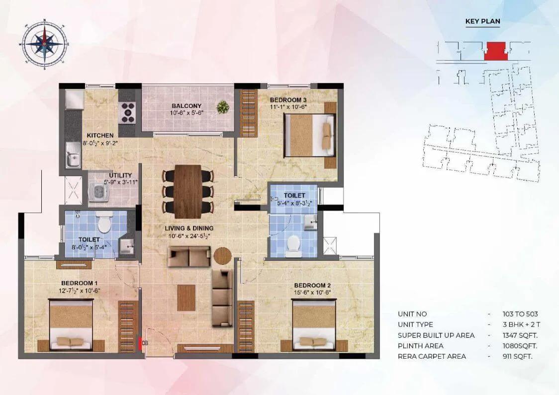 Radiance Sapphire 3 BHK floor plan, about 1,347 sq ft