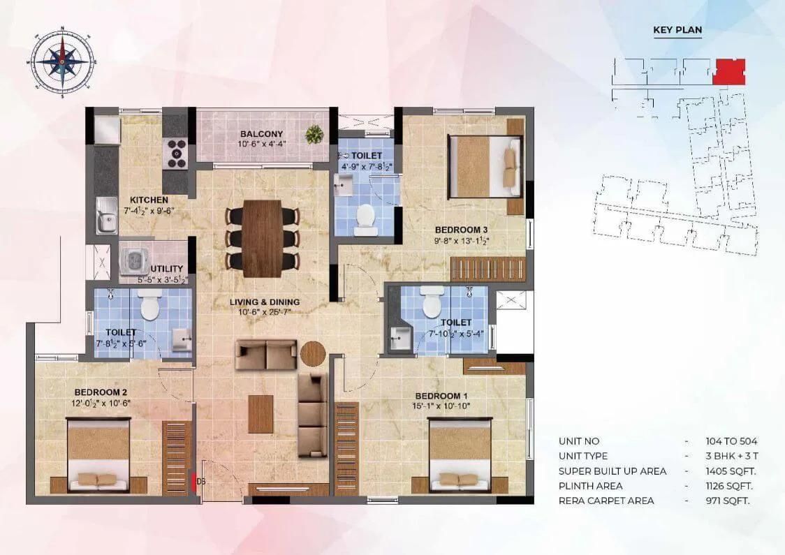 Radiance Sapphire 3 BHK floor plan, about 1,405 sq ft