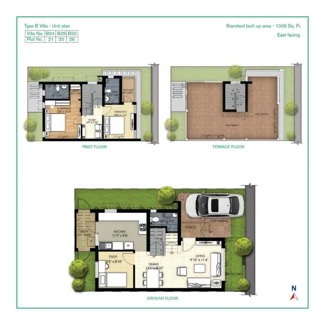TVS Emerald Green Acres 3 BHK floor plan, about 1,009 sq ft