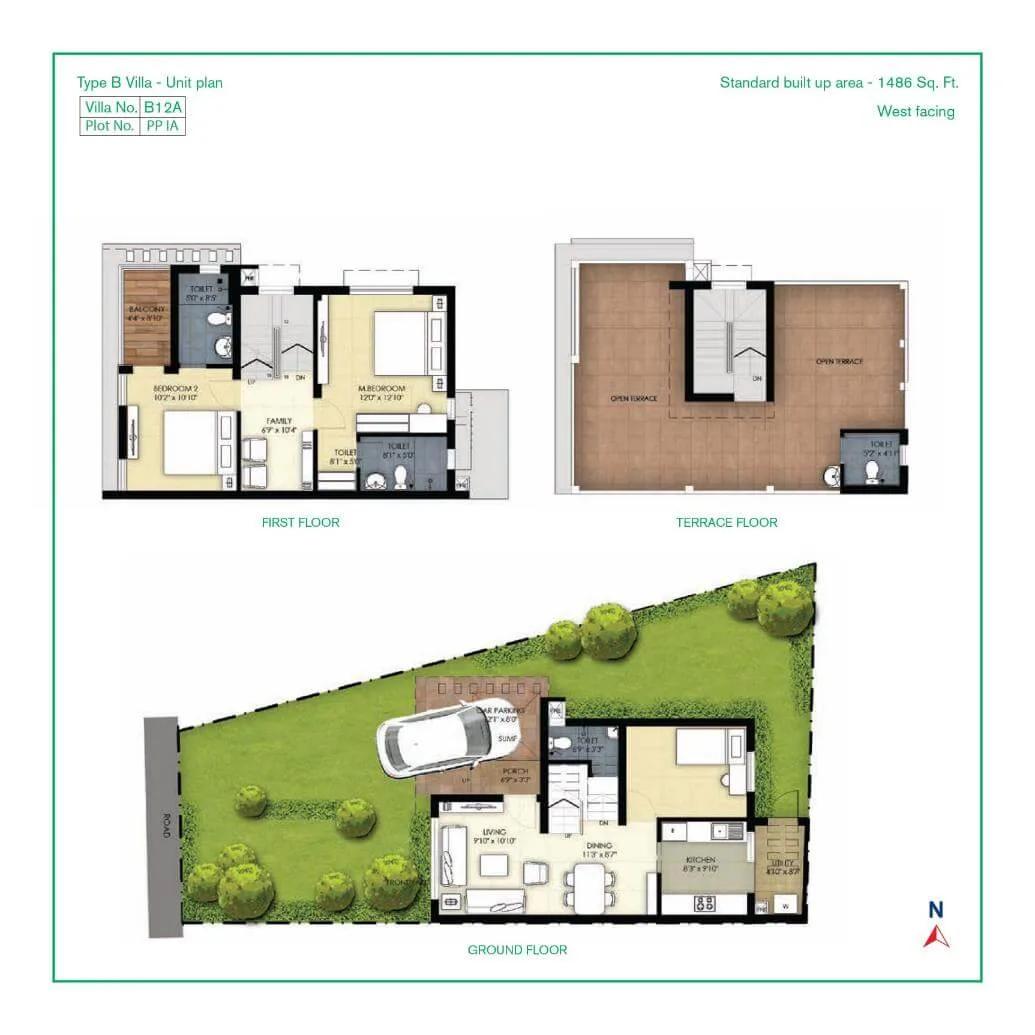 TVS Emerald Green Acres 3 BHK floor plan, about 1,486 sq ft
