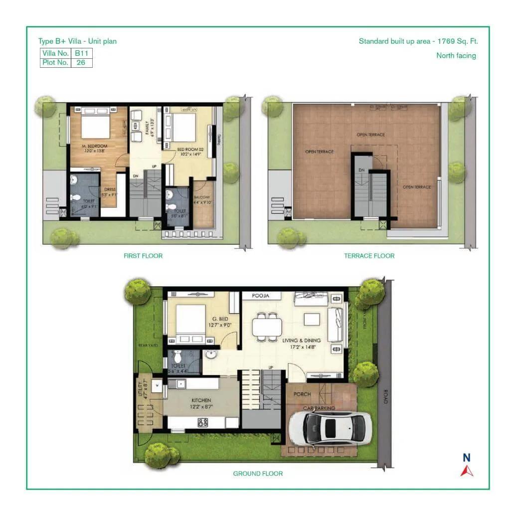 TVS Emerald Green Acres 3 BHK floor plan, about 1,769 sq ft