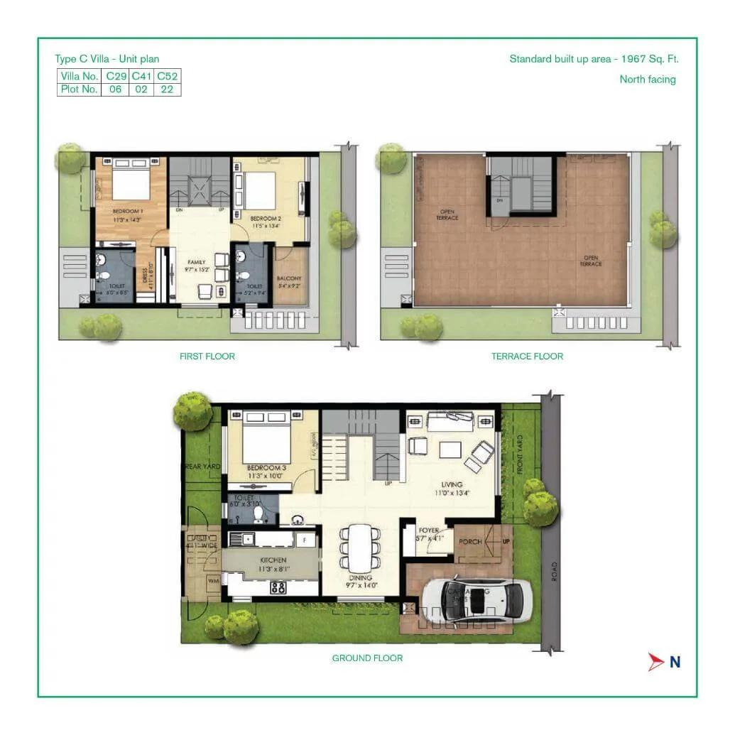 TVS Emerald Green Acres 3 BHK floor plan, about 1,967 sq ft
