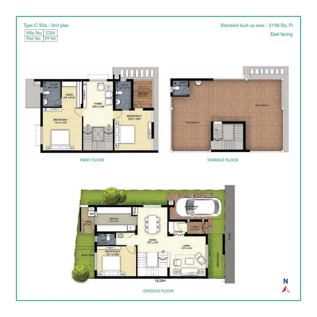 TVS Emerald Green Acres 3 BHK floor plan, about 2,156 sq ft