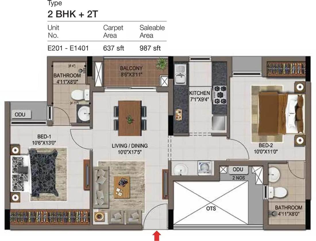 CasaGrand Zenith 2 BHK floor plan, about 987 sq ft