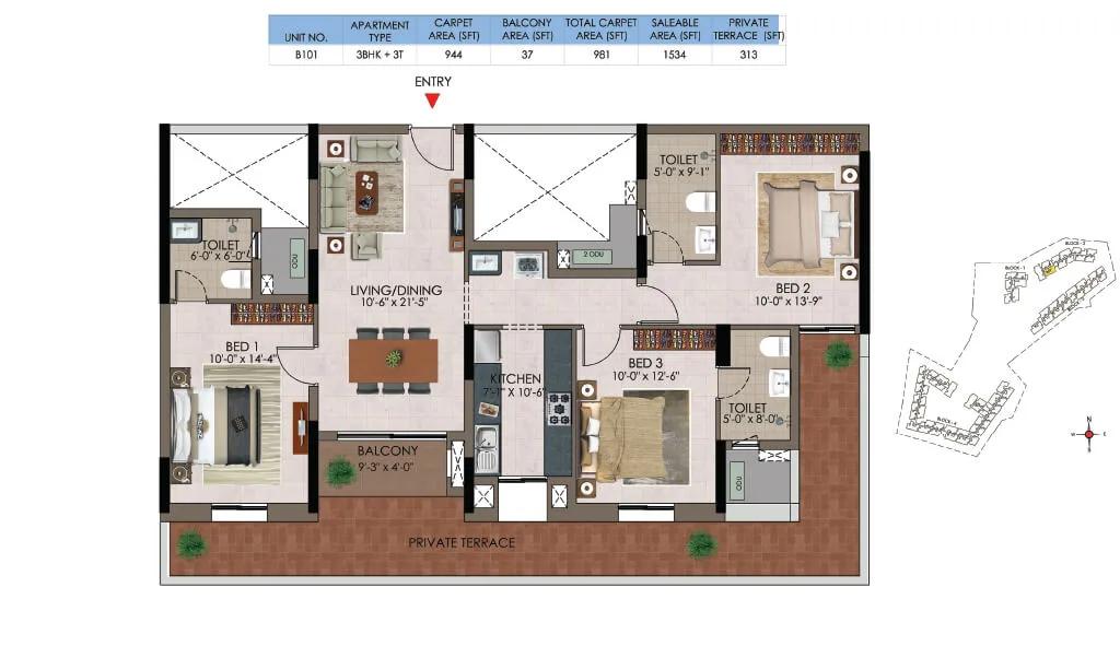 Casagrand Athens 3 BHK floor plan, about 1,534 sq ft