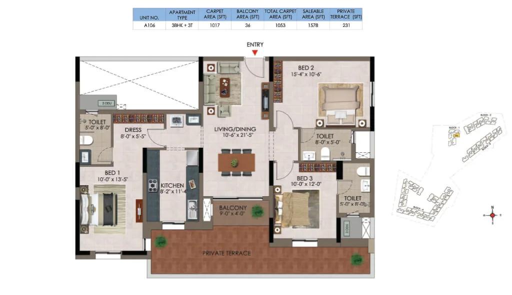 Casagrand Athens 3 BHK floor plan, about 1,578 sq ft