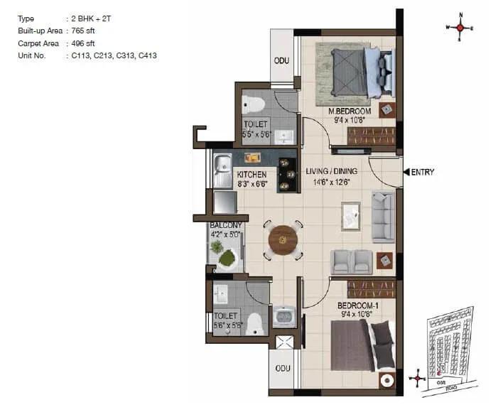 CasaGrand Smart Town 2 BHK floor plan, about 765 sq ft