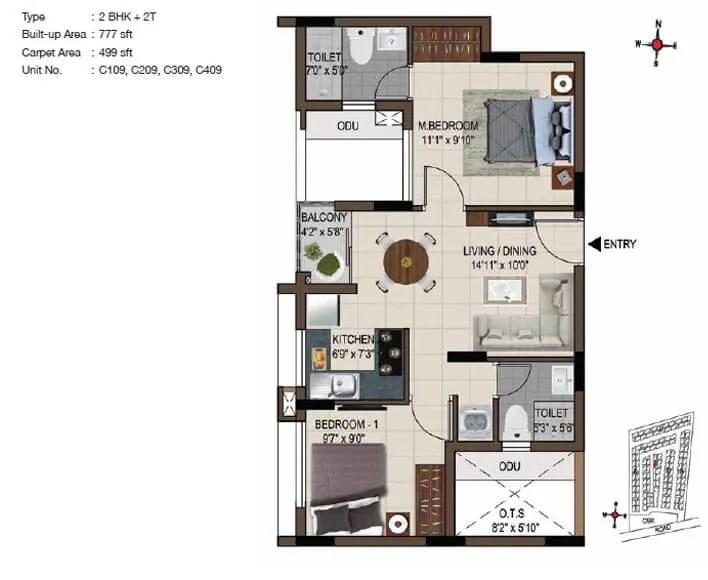 CasaGrand Smart Town 2 BHK floor plan, about 777 sq ft