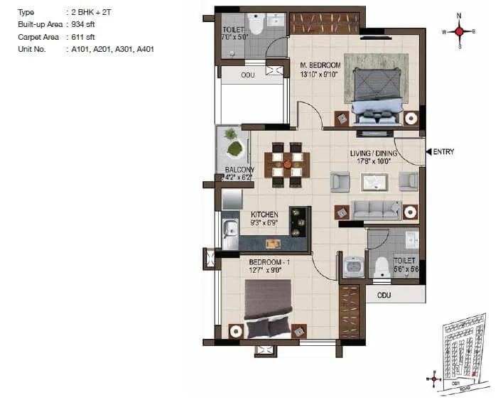 CasaGrand Smart Town 2 BHK floor plan, about 934 sq ft
