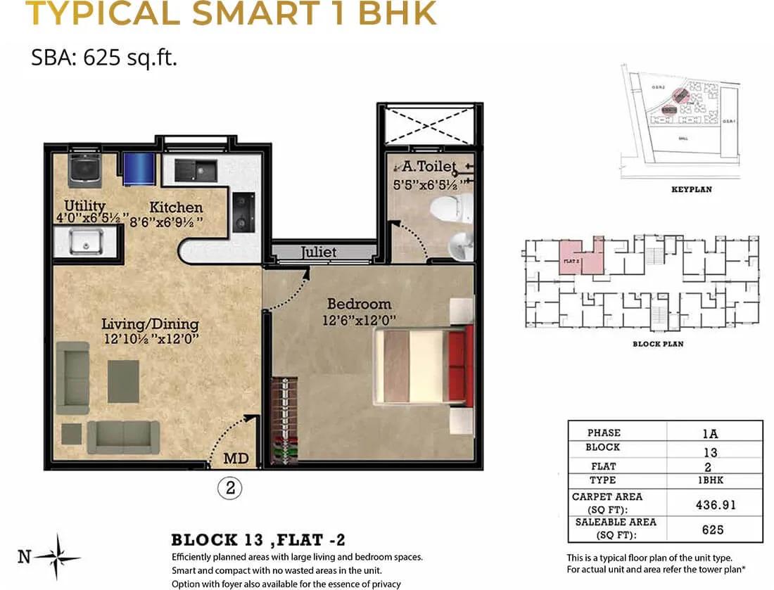 Shriram Park 63 1 BHK floor plan, about 625 sq ft