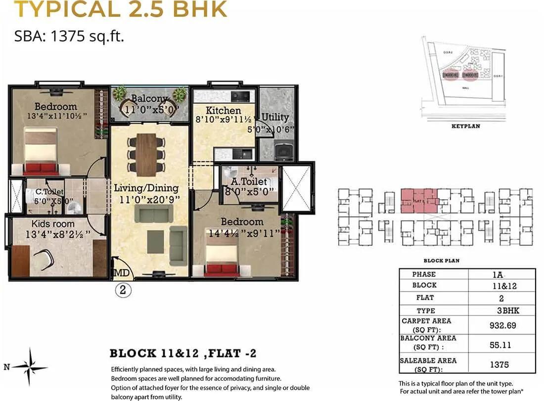 Shriram Park 63 2.5 BHK floor plan, about 1,375 sq ft