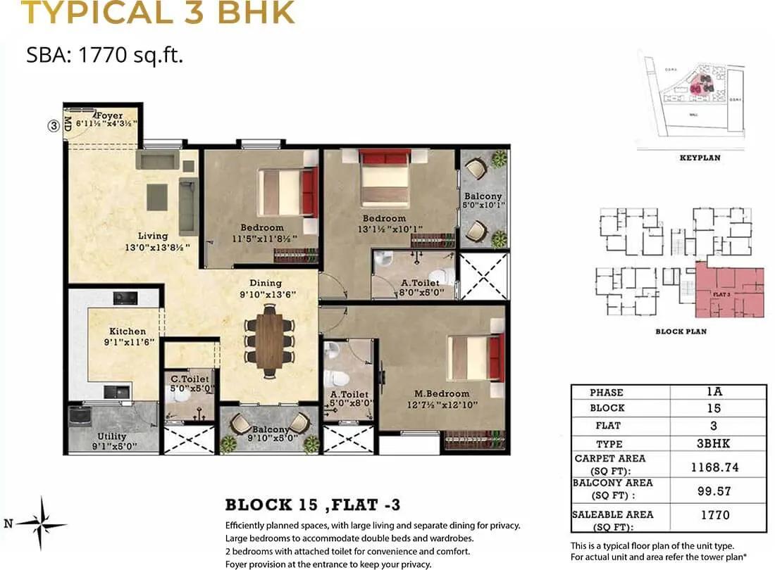 Shriram Park 63 3 BHK floor plan, about 1,770 sq ft