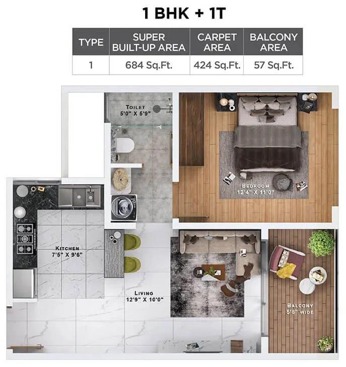 Sattva Lumina 1 BHK floor plan, about 684 sq ft