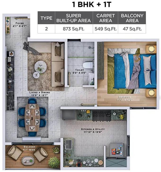 Sattva Lumina 1 BHK floor plan, about 873 sq ft