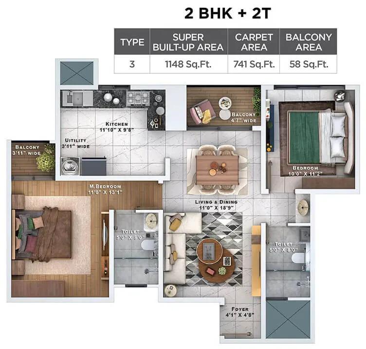 Sattva Lumina 2 BHK floor plan, about 1,148 sq ft