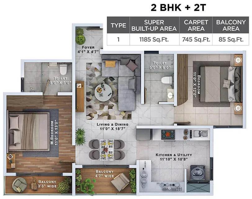 Sattva Lumina 2 BHK floor plan, about 1,185 sq ft