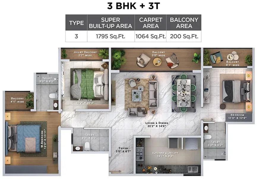 Sattva Lumina 3 BHK floor plan, about 1,795 sq ft