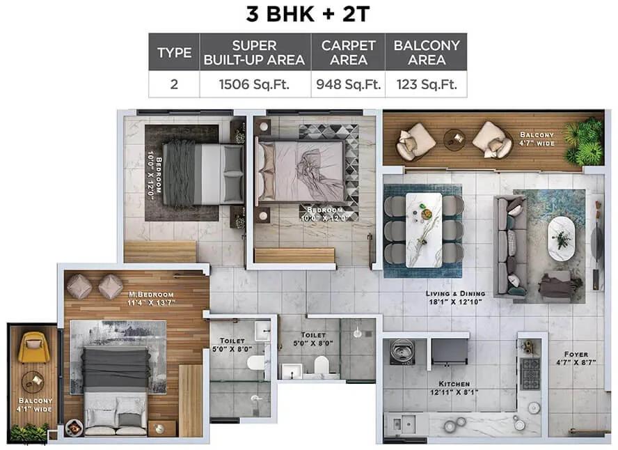 Sattva Lumina 3 BHK floor plan, about 1,506 sq ft