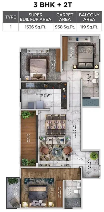 Sattva Lumina 3 BHK floor plan, about 1,536 sq ft