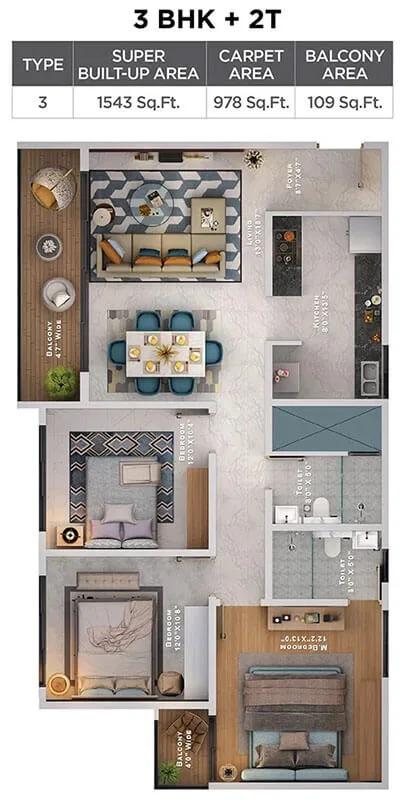Sattva Lumina 3 BHK floor plan, about 1,543 sq ft