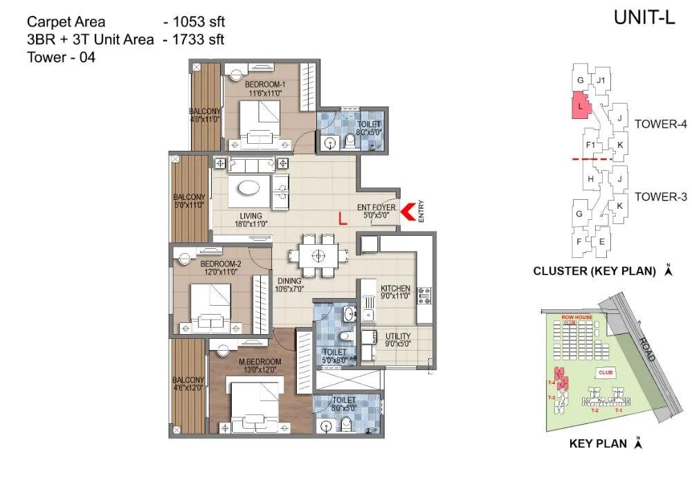 Sattva Songbird 3 BHK floor plan, about 1,733 sq ft