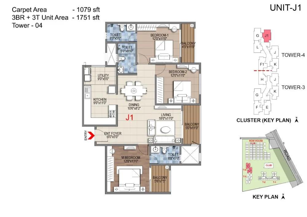 Sattva Songbird 3 BHK floor plan, about 1,751 sq ft