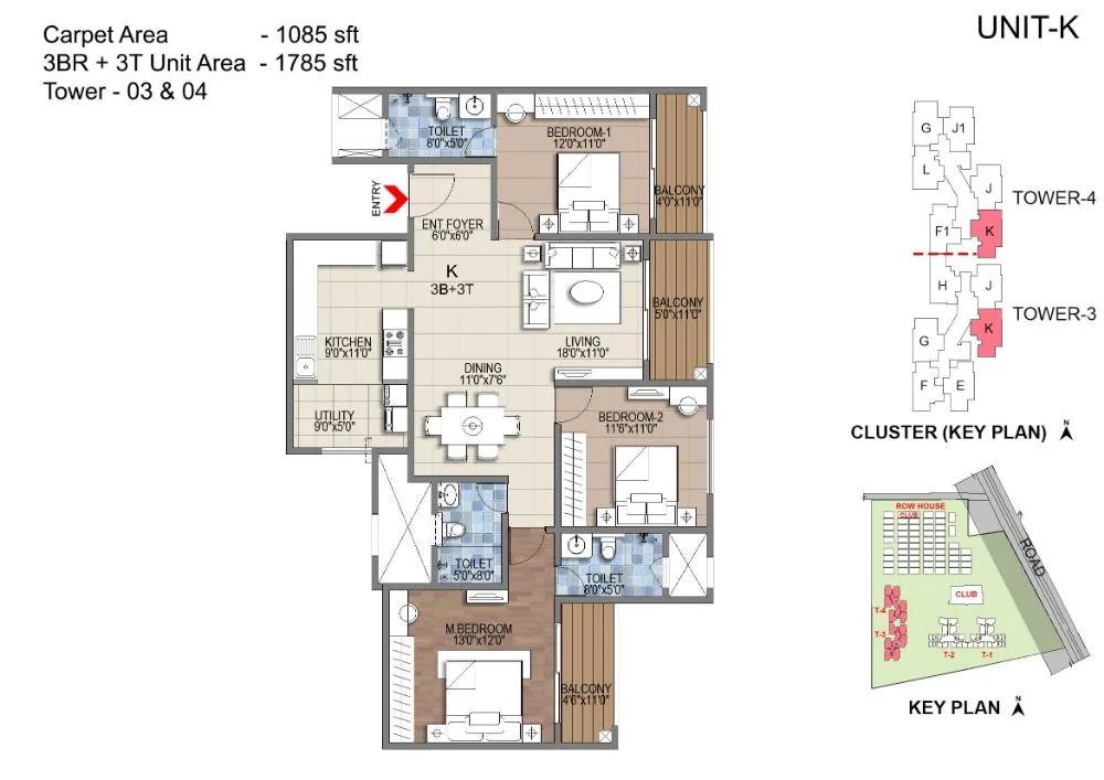 Sattva Songbird 3 BHK floor plan, about 1,785 sq ft