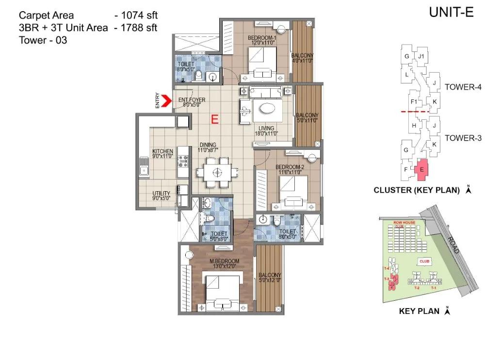 Sattva Songbird 3 BHK floor plan, about 1,788 sq ft