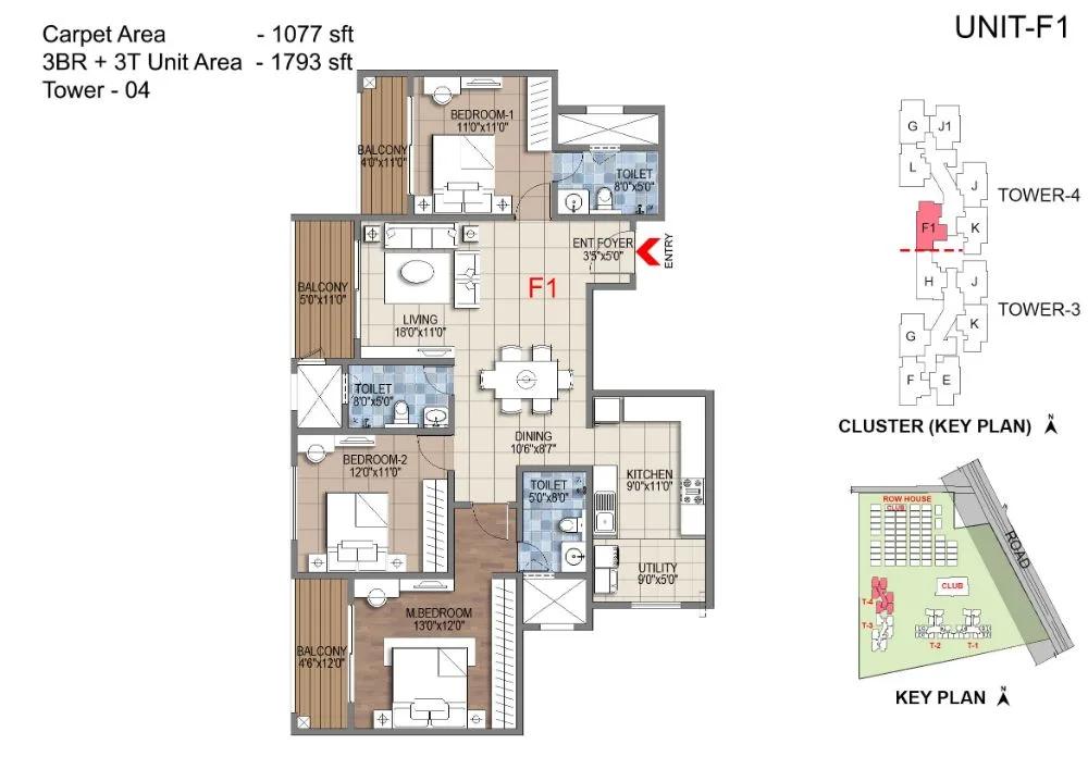 Sattva Songbird 3 BHK floor plan, about 1,793 sq ft