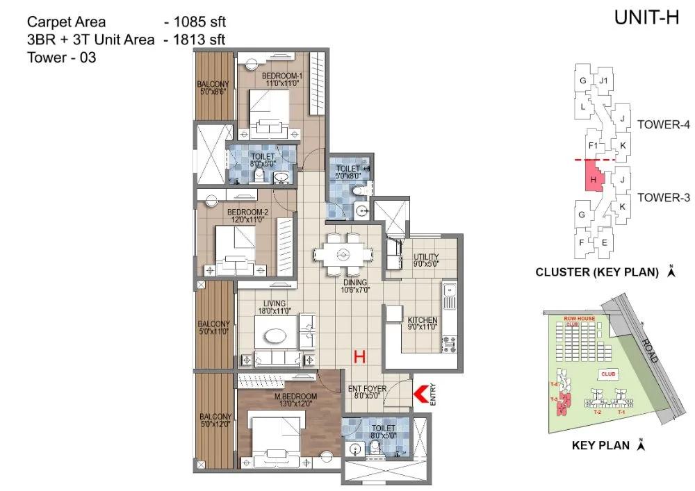 Sattva Songbird 3 BHK floor plan, about 1,813 sq ft