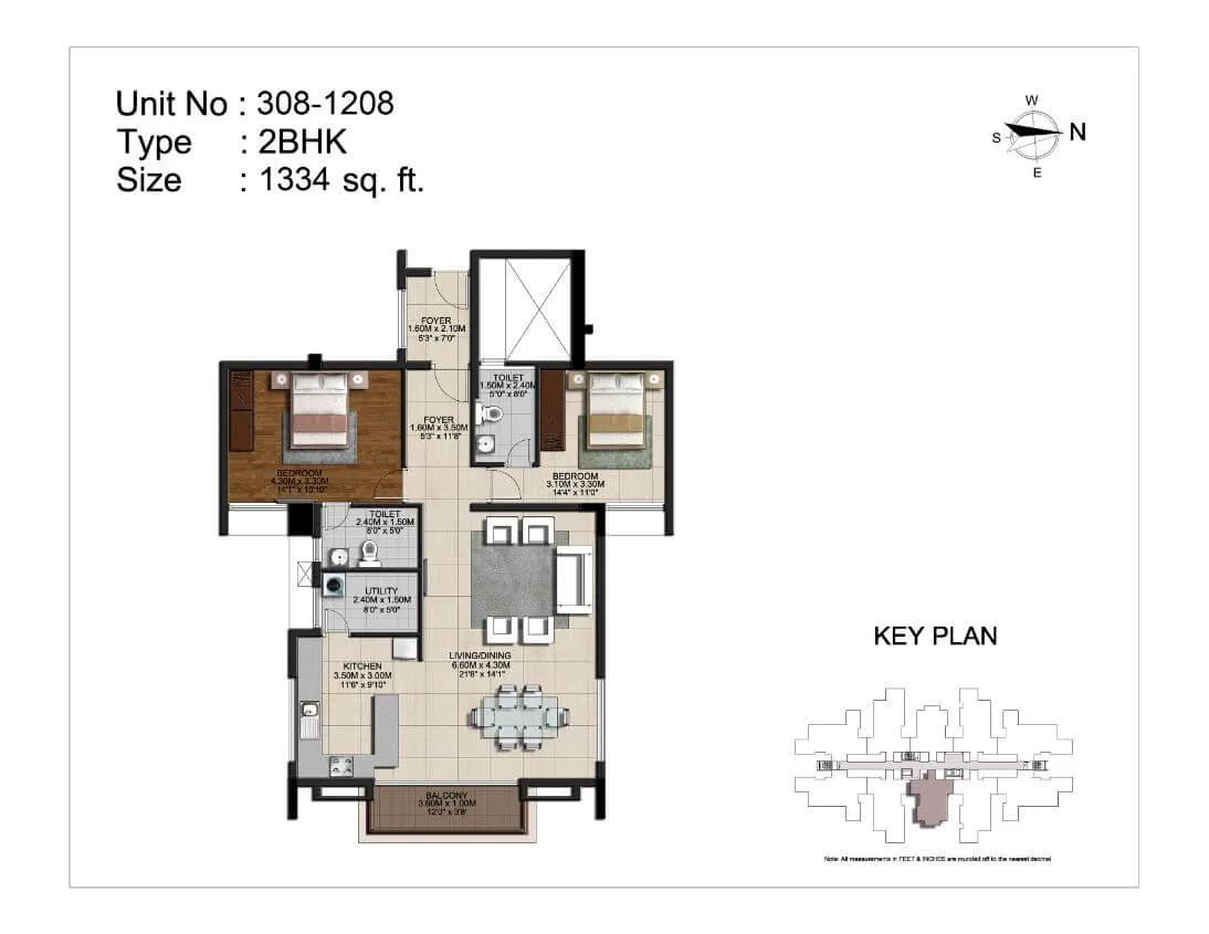 CasaGrand Monte Carlo 2 BHK floor plan, about 1,334 sq ft