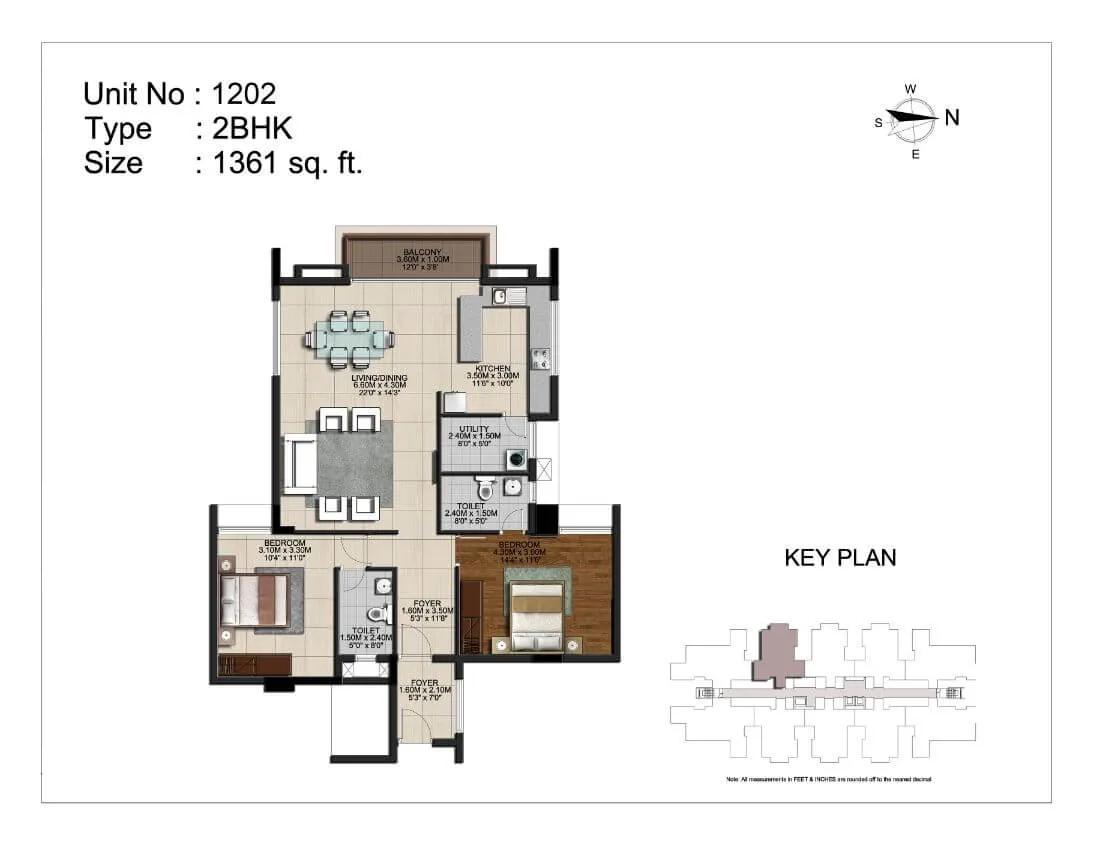 CasaGrand Monte Carlo 2 BHK floor plan, about 1,361 sq ft