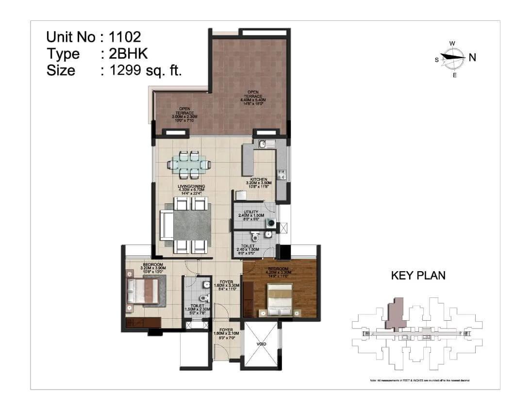 CasaGrand Monte Carlo 2 BHK floor plan, about 1,299 sq ft
