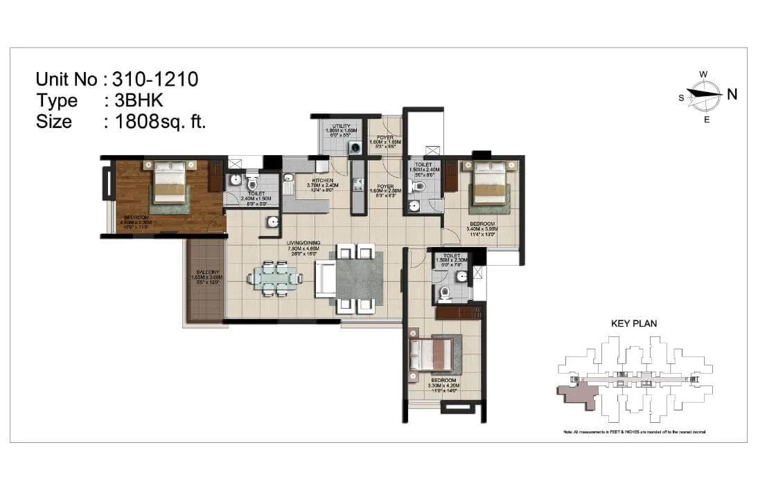 CasaGrand Monte Carlo 3 BHK floor plan, about 1,808 sq ft