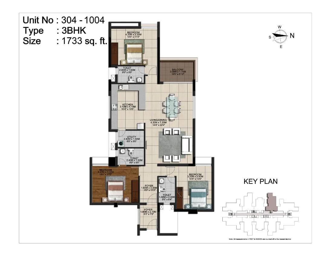 CasaGrand Monte Carlo 3 BHK floor plan, about 1,733 sq ft