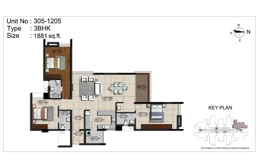 CasaGrand Monte Carlo 3 BHK floor plan, about 1,881 sq ft