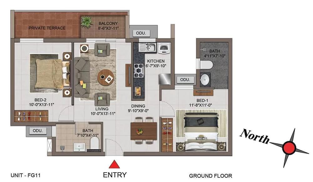 Casagrand Utopia 2 BHK floor plan, about 1,036 sq ft