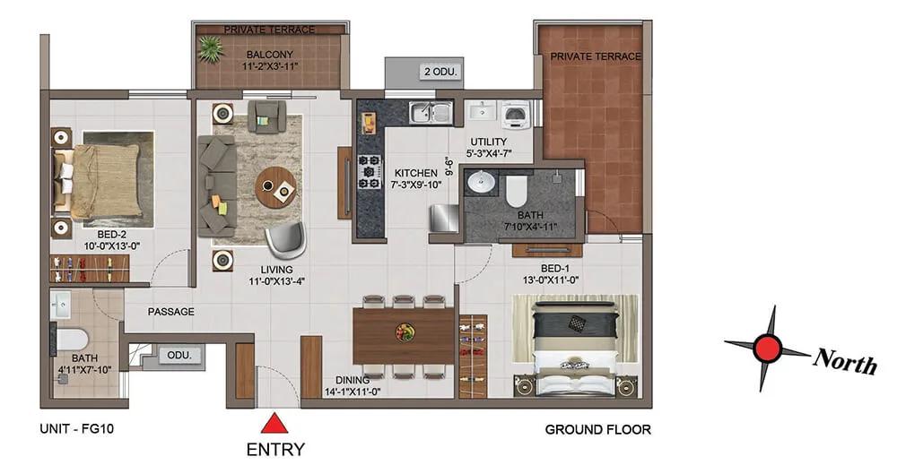 Casagrand Utopia 2 BHK floor plan, about 1,246 sq ft