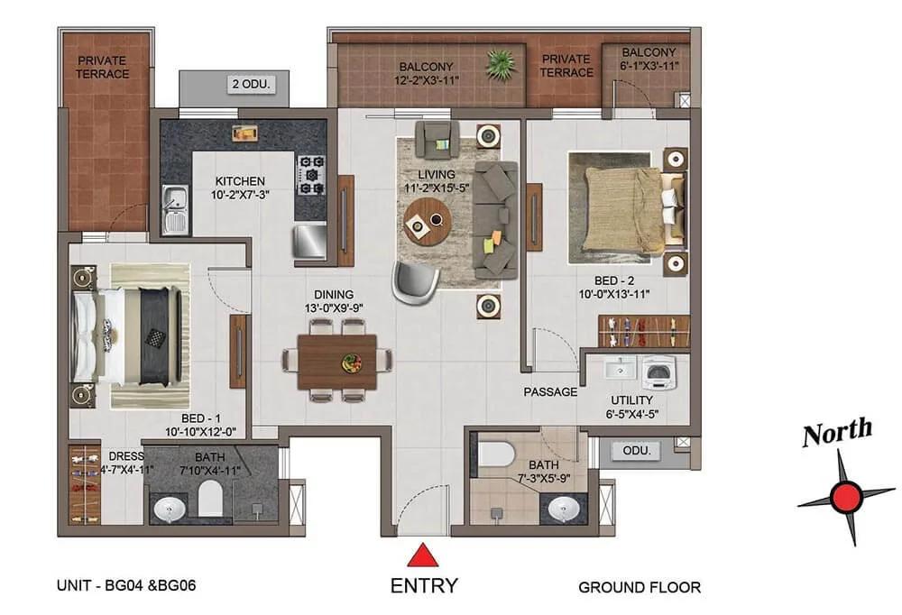 Casagrand Utopia 2 BHK floor plan, about 1,346 sq ft