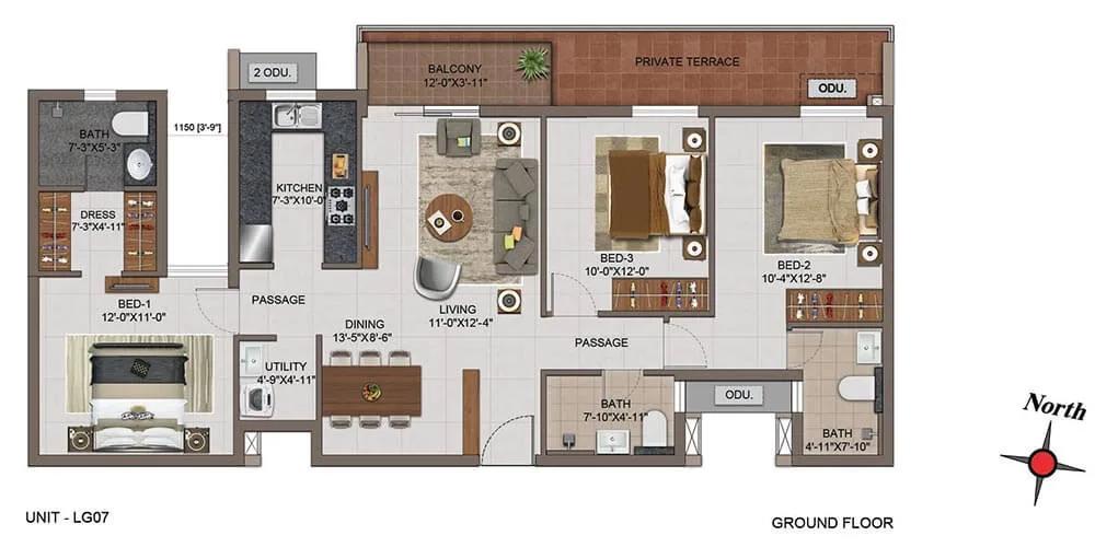 Casagrand Utopia 3 BHK floor plan, about 1,614 sq ft
