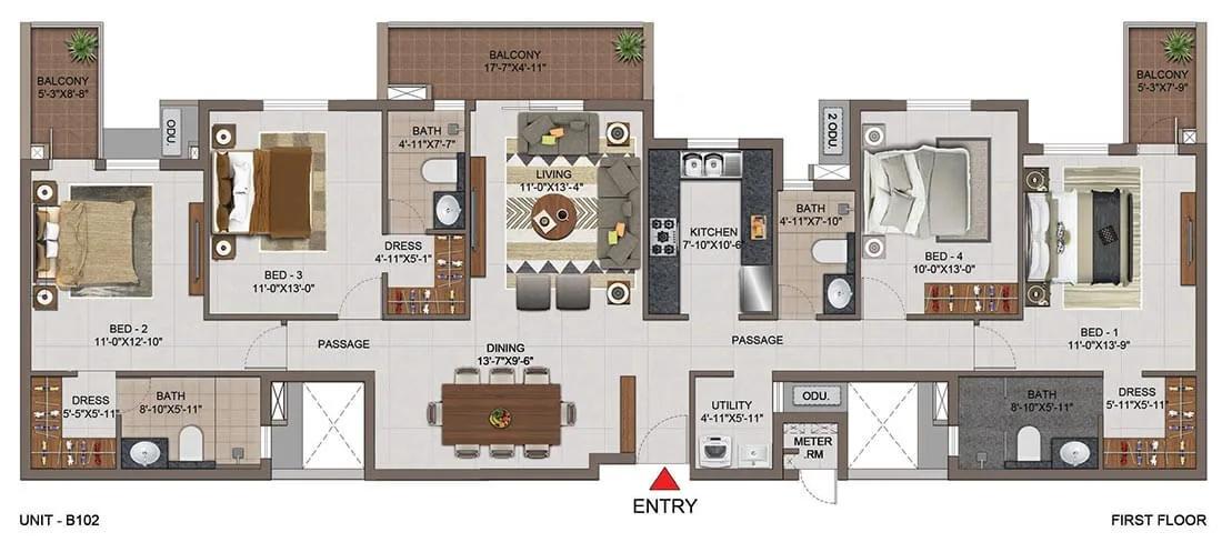Casagrand Utopia 4 BHK floor plan, about 2,342 sq ft