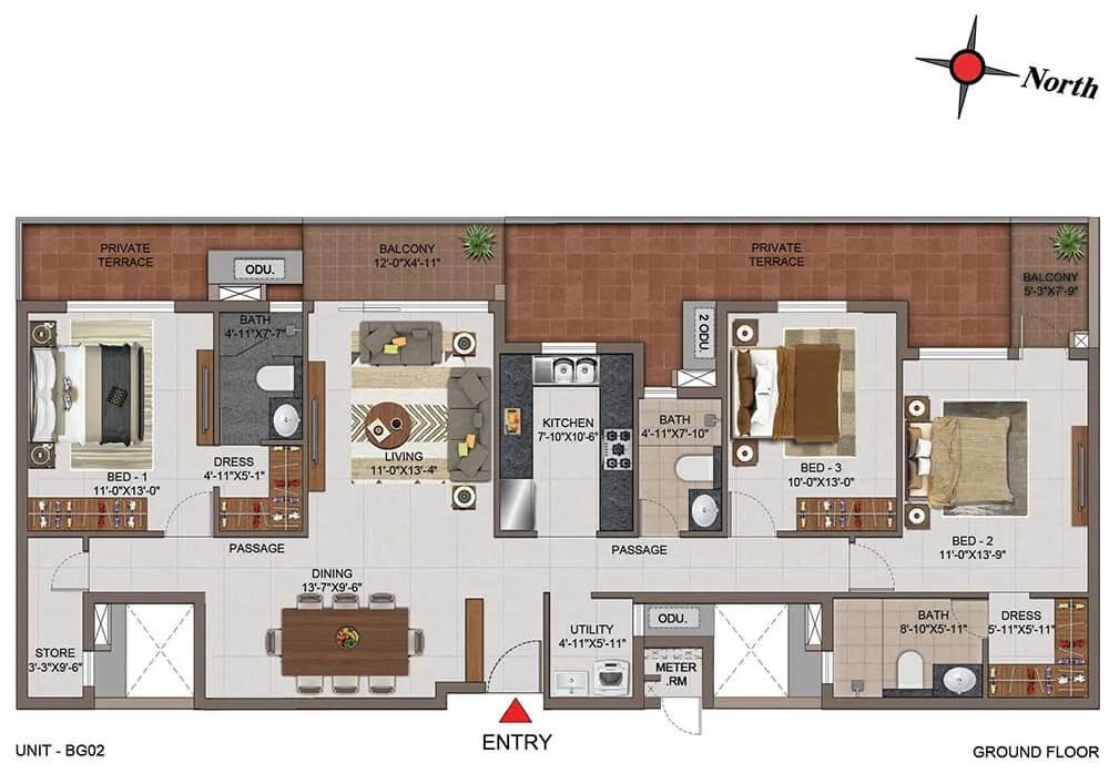 Casagrand Utopia 3 BHK floor plan, about 1,940 sq ft