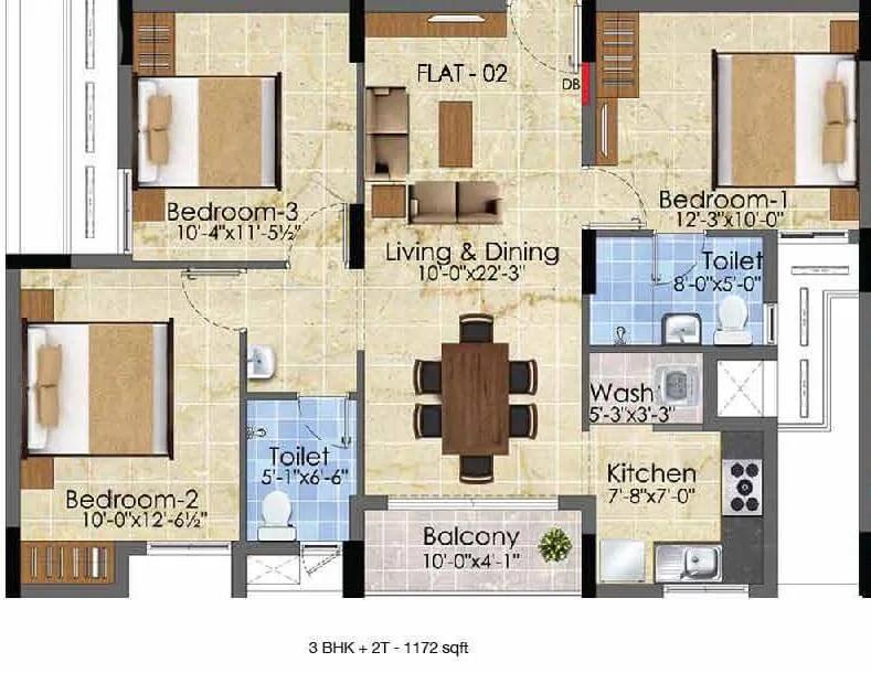 Radiance Suprema 3 BHK floor plan, about 1,172 sq ft