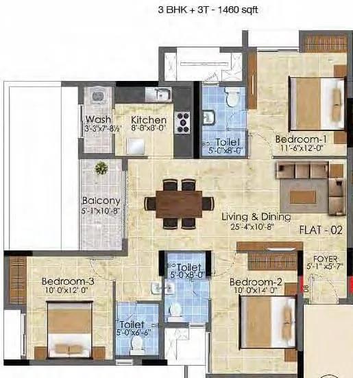 Radiance Suprema 3 BHK floor plan, about 1,460 sq ft
