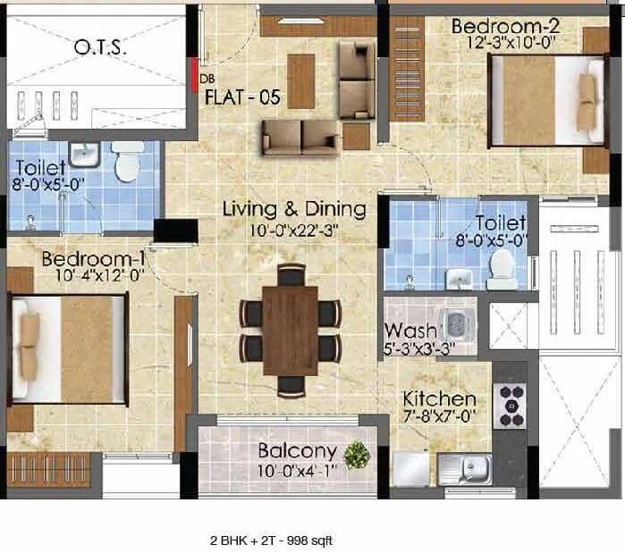 Radiance Suprema 2 BHK floor plan, about 998 sq ft