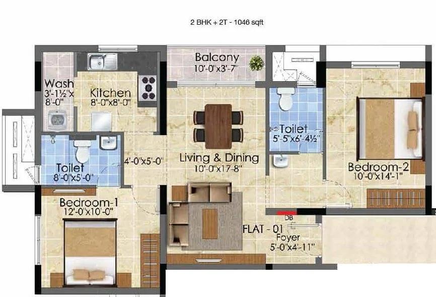 Radiance Suprema 2 BHK floor plan, about 1,046 sq ft