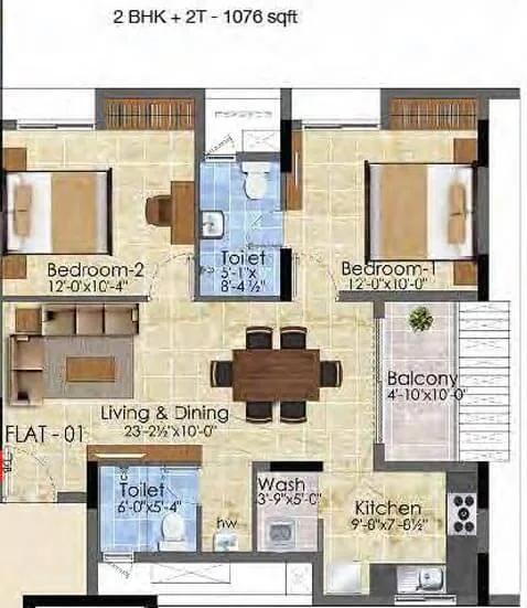 Radiance Suprema 2 BHK floor plan, about 1,076 sq ft
