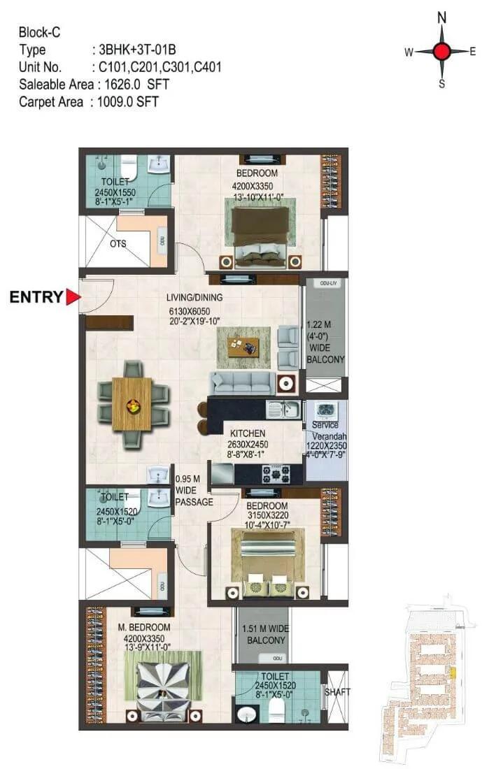 Casagrand Savoye 3 BHK floor plan, about 1,626 sq ft