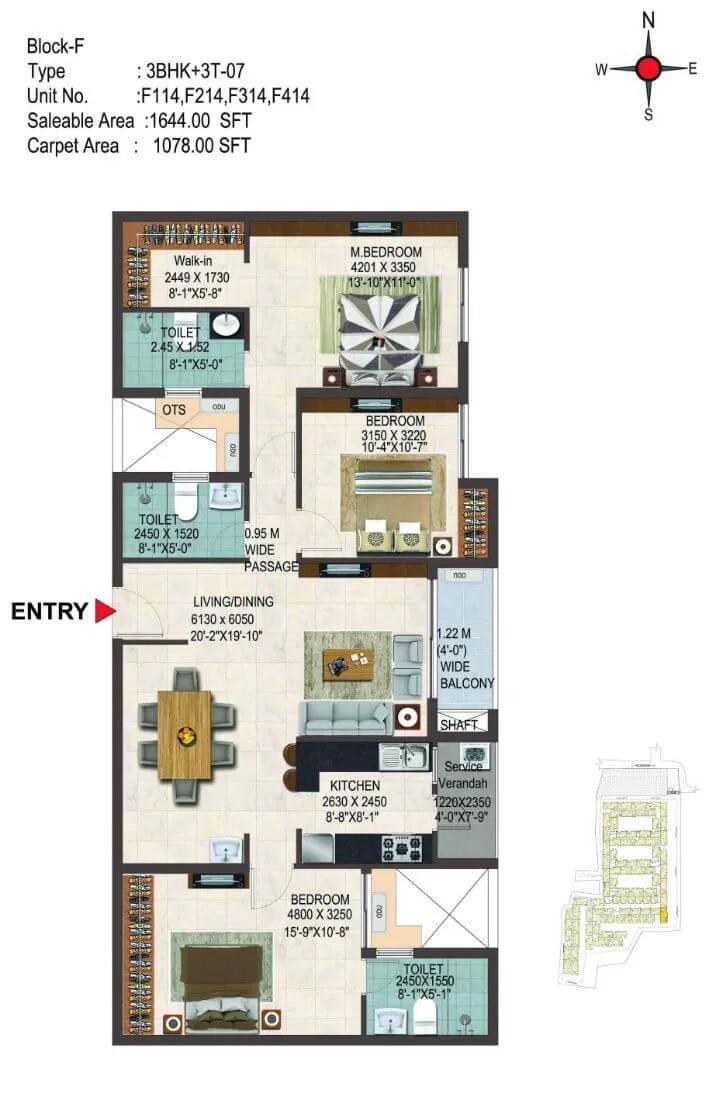Casagrand Savoye 3 BHK floor plan, about 1,644 sq ft
